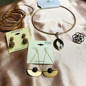 5 PIECE JEWELRY BUNDLE: Golden Bronze Goddess Necklace, Bangles, Ring, Earrings